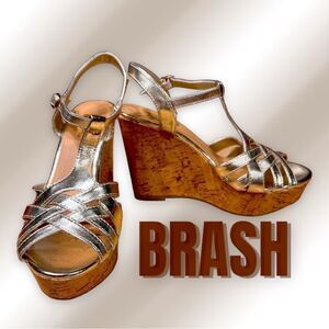 Gold Wedge Women Strappy Shoe 8 BRASH Summer Sandal | Cork